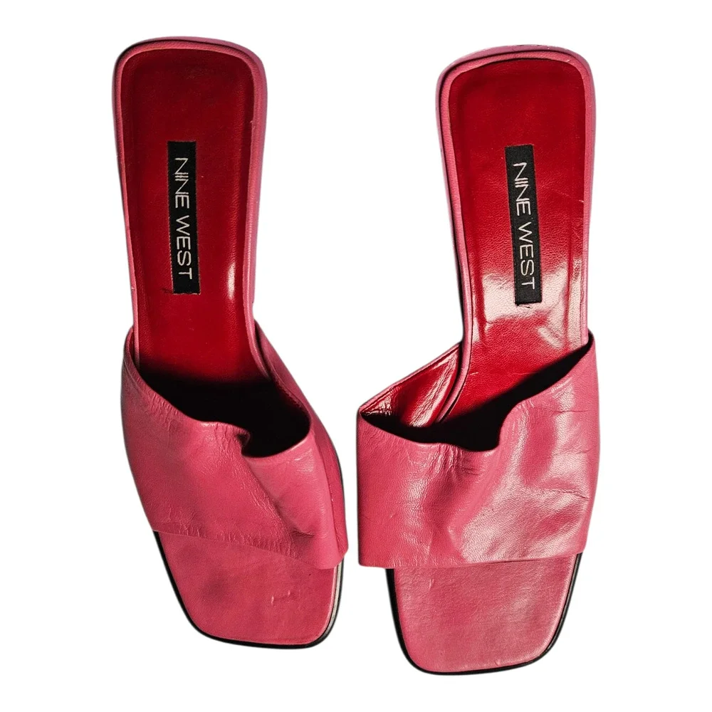 Nine West Square Toe Slide Sandals Pink Leather Mules Y2K 90s Slip On Sz 8.5 - Picture 7 of 14